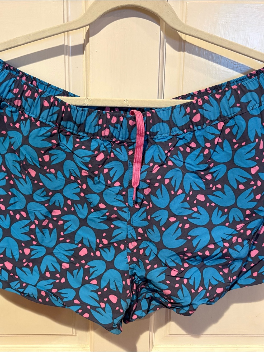 Patagonia Navy Blue Athletic Shorts with Teal Floral and Pink Drawstring